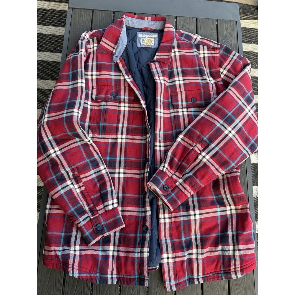 LL Bean Flannel Shirt Jacket Mens Red Plaid Slightly Fitted Button Shacket Large